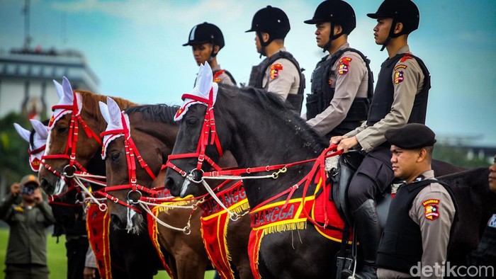 Potret Polisi Berkuda dan Anjing K-9 Ikut Apel Operasi Lilin Polisi berkuda hingga anjing K-9 turut mengikuti apel pasukan Operasi Lilin di Monas, Jakarta, Kamis (22/12/2022).