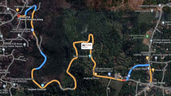 Jalur Cinomati di Kabupaten Bantul, DIY, diakses detikJateng dari Google Maps pada Jumat (23/12/2022).