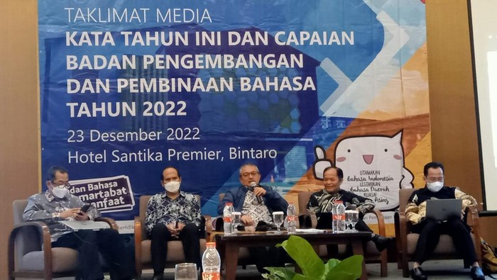 Taklimat media Kata Tahun Ini dan Capaian Badan Pengembangan dan Pembinaan Bahasa Tahun 2022 yang digelar di Bintaro, Jumat (23/12/2022)