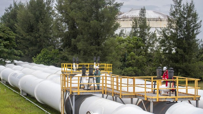 Perwira Pertamina mengawasi proses pengapalan di kilang LNG Badak, Bontang, Kalimantan Timur.