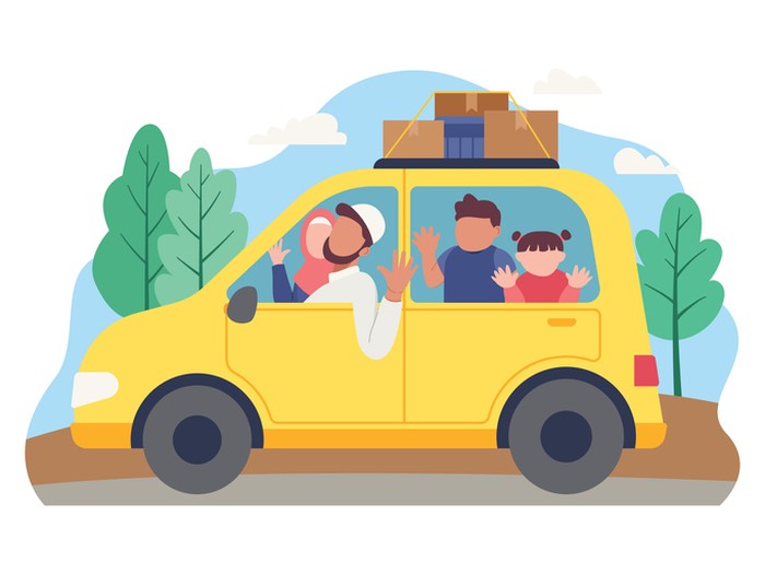 Family goes to home village to celebrate Eid Mubarak. Vector illustration in a flat style