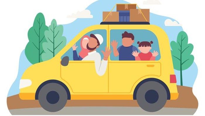 Family goes to home village to celebrate Eid Mubarak. Vector illustration in a flat style
