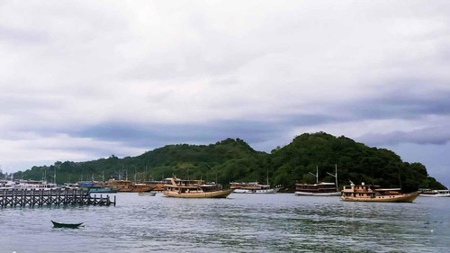 Kapal pinisi dan kapal wisata lainnya berlindung di balik pulau di perairan Labuan Bajo akibat cuaca buruk. (Ambrosius Ardin)