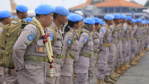 Satgas Garuda Bhayangkara FPU 3 MINUSCA saat bertugas dalam misi perdamaian PBB di Afrika Tengah. (Dok. Polda Bali)