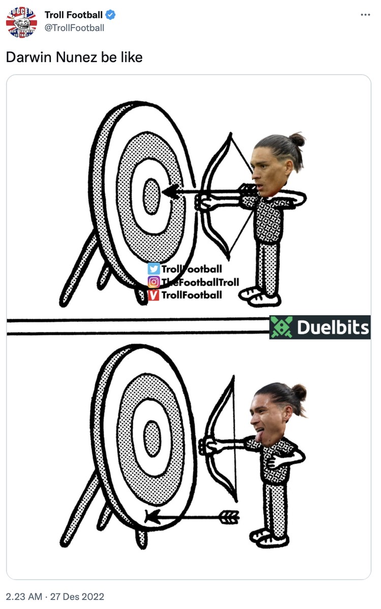 Meme Darwin Nunez kembali jadi sorotan karena kembali gagal mencetak gol dari banyaknya peluang yang dimiliknya.