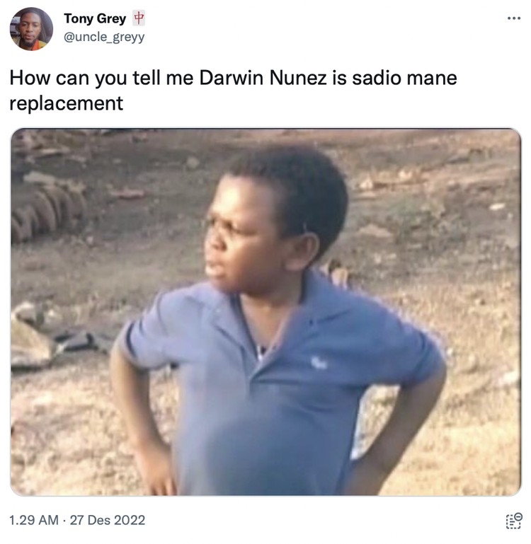 Meme Darwin Nunez kembali jadi sorotan karena kembali gagal mencetak gol dari banyaknya peluang yang dimiliknya.