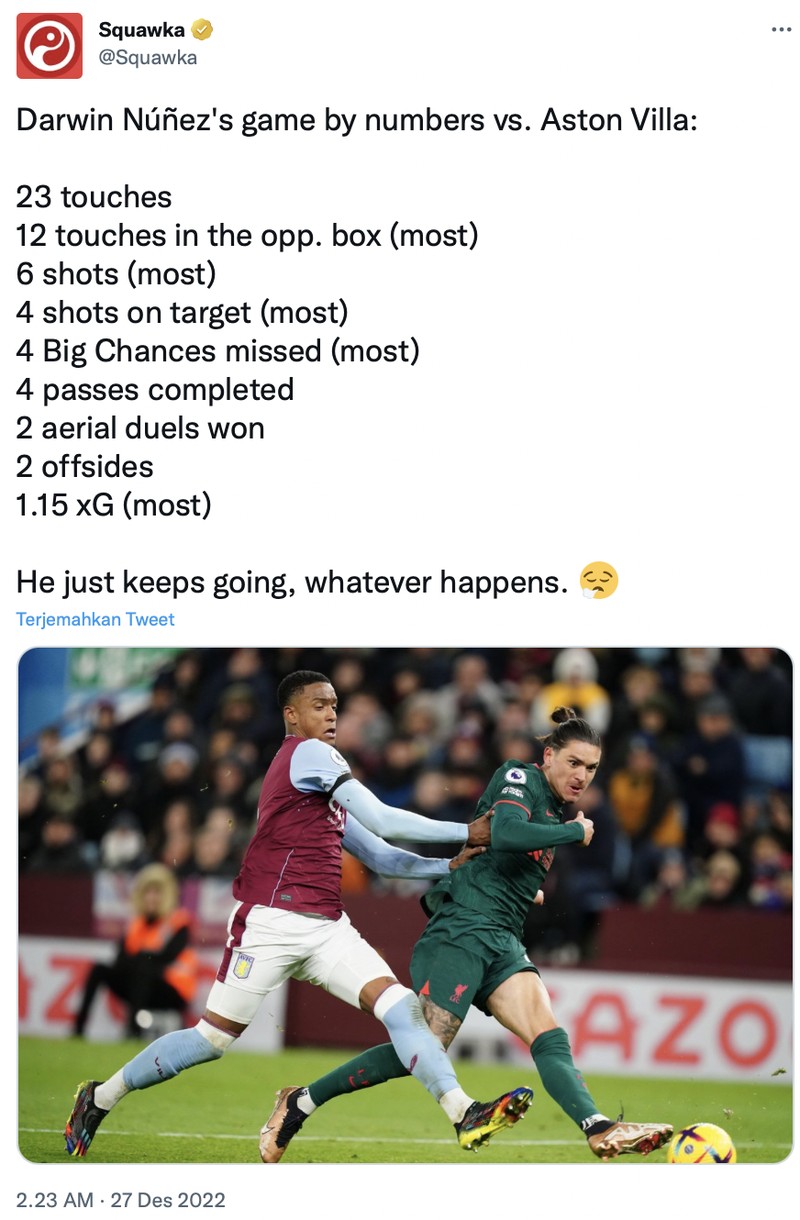 Darwin Nunez kembali jadi sorotan karena kembali gagal mencetak gol dari banyaknya peluang yang dimiliknya.