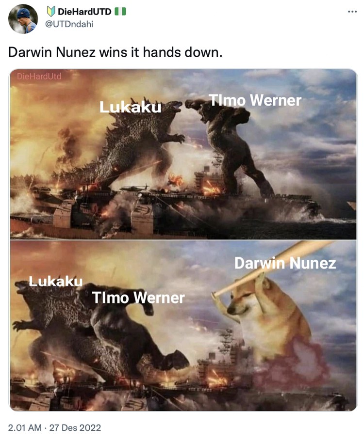 Meme Darwin Nunez kembali jadi sorotan karena kembali gagal mencetak gol dari banyaknya peluang yang dimiliknya.