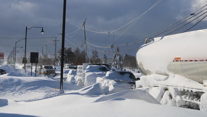 Mobil-mobil di AS Tertimbun Badai Salju Terparah Abad Ini A general view of vehicles covered in snow, near the downed wires of electric power pole, on a road in Buffalo, New York, U.S December 25, 2022, in this picture obtained by Reuters from social media on December 26, 2022. Instagram/Jason Murawski Jr/via REUTERS THIS IMAGE HAS BEEN SUPPLIED BY A THIRD PARTY. MANDATORY CREDIT. NO RESALES. NO ARCHIVES.