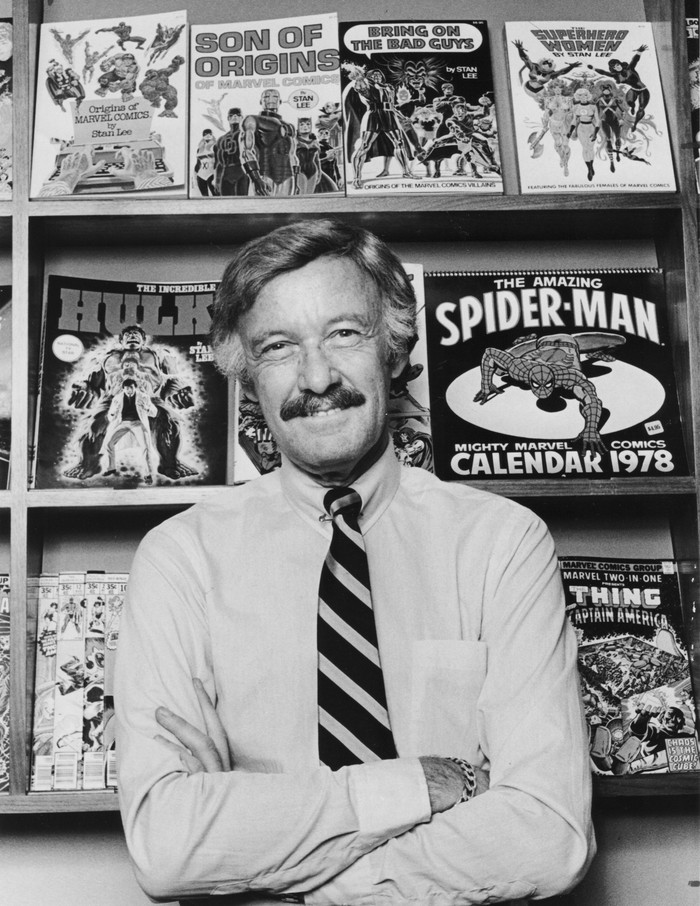 New York, N.Y.: Stan Lee stands in front of some of the comic books that he has created at his office on Madison Avenue in Manhattan, New York on May 24, 1978. (Photo by Gerald S. Williams/Newsday RM via Getty Images)