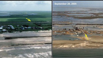 Kondisi Holly Beach di Lousiana sebelum dan sesudah diterjang badai Rita pada 2005. Foto: USGS. 