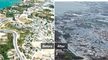 Kepulauan Bahamas sebelum dan sesudah dilanda badai Dorian pada 2019. Foto: The New York Times. 