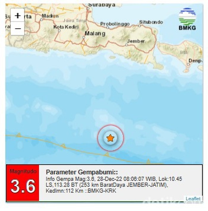 gempa jember pagi ini rabu 28 desember 2022 terjadi 2 kali