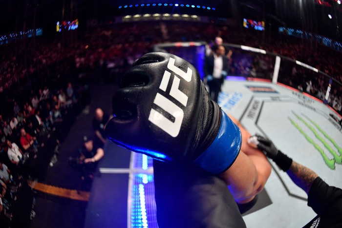 Logo UFC ABU DHABI, UNITED ARAB EMIRATES - SEPTEMBER 07: A detail shot of a UFC glove during UFC 242 at The Arena on September 7, 2019 in Yas Island, Abu Dhabi, United Arab Emirates. (Photo by Jeff Bottari/Zuffa LLC/Zuffa LLC via Getty Images)