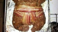 Awalnya orang ini hanya berniat membuat daging panggang yang unik. Membentuknya seperti anak kecil dan menambahkan popok dari bacon, hasilnya malah menyeramkan. Foto: Bored Panda