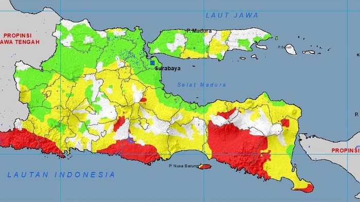 Peta potensi banjir di Jatim hingga 31 Desember 2022. Warna merah daerah tingkat tinggi berpotensi banjir di malam tahun baru