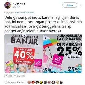 Unggahan iklan Rabbani tentang banjir, tuai kecaman dari netizen. Unggahan iklan Rabbani tentang banjir, tuai kecaman dari netizen.