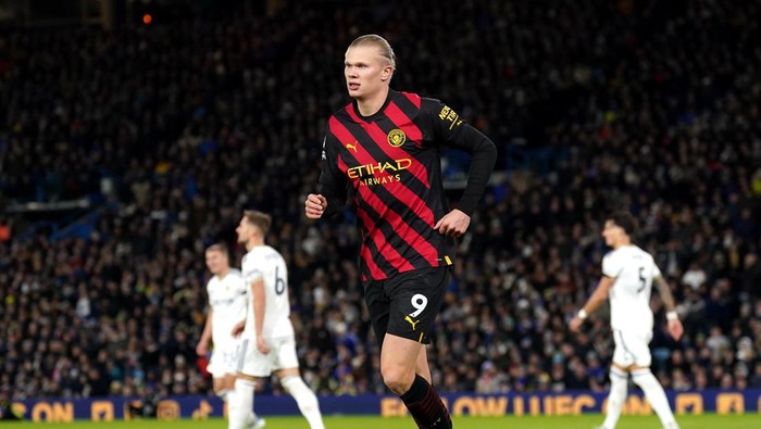 Manchester Citys Erling Haaland celebrates scoring their sides second goal of the game during the Premier League match at Elland Road, Leeds. Picture date: Wednesday December 28, 2022. (Photo by Tim Goode/PA Images via Getty Images)