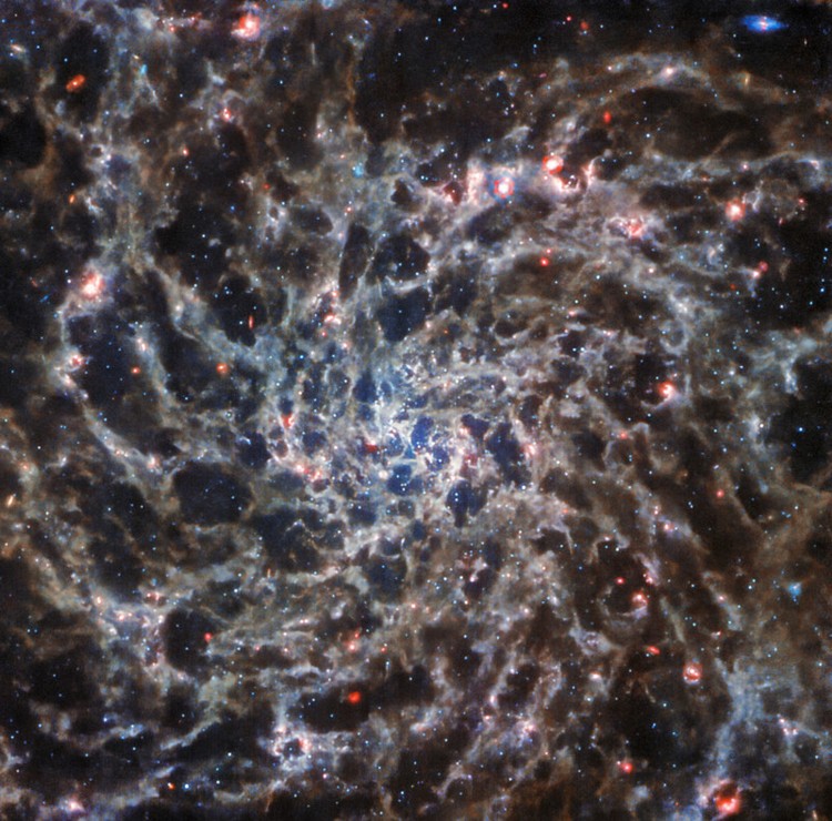 James Webb This image is dominated by NGC 7469, a luminous, face-on spiral galaxy approximately 90 000 light-years in diameter that lies roughly 220 million light-years from Earth in the constellation Pegasus. Its companion galaxy IC 5283 is partly visible in the lower left portion of this image. This spiral galaxy has recently been studied as part of the Great Observatories All-sky LIRGs Survey (GOALS) Early Release Science program with the NASA/ESA/CSA James Webb Space Telescope, which aims to study the physics of star formation, black hole growth, and feedback in four nearby, merging luminous infrared galaxies. Other galaxies studied as part of the survey include previous ESA/Webb Pictures of the Month II ZW 096 and IC 1623. NGC 7469 is home to an active galactic nucleus (AGN), which is an extremely bright central region that is dominated by the light emitted by dust and gas as it falls into the galaxys central black hole. This galaxy provides astronomers with the unique opportunity to study the relationship between AGNs and starburst activity because this particular object hosts an AGN that is surrounded by a starburst ring at a distance of a mere 1500 light-years. While NGC 7469 is one of the best studied AGNs in the sky, the compact nature of this system and the presence of a great deal of dust have made it difficult for scientists to achieve both the resolution and sensitivity needed to study this relationship in the infrared. Now, with Webb, astronomers can explore the galaxys starburst ring, the central AGN, and the gas and dust in between. Using Webbs MIRI, NIRCam and NIRspec instruments to obtain images and spectra of NGC 7469 in unprecedented detail, the GOALS team has uncovered a number of details about the object. This includes very young star-forming clusters never seen before, as well as pockets of very warm, turbulent molecular gas, and direct evidence for the destruction of small dust grains within a few hundred light-years of the nucleus proving