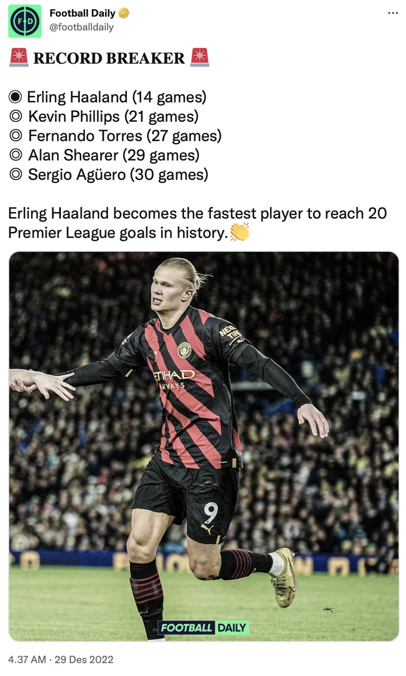 Meme rekor cetak gol striker Man City Erling Haaland di Man City