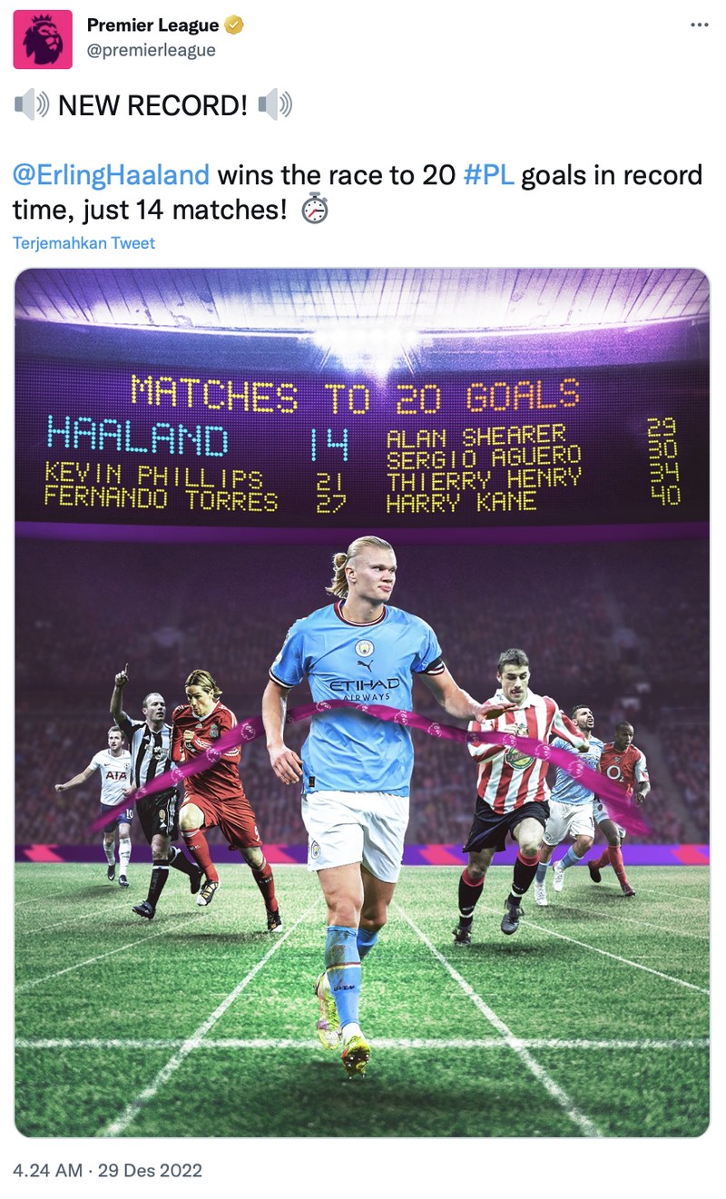 Meme rekor cetak gol striker Man City Erling Haaland di Man City