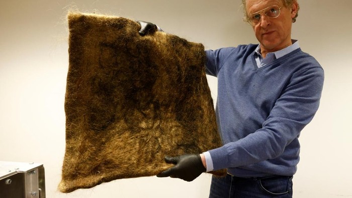 Perusahaan di Belgia Sulap Rambut Manusia Jadi Ubin Penyaring Polusi Patrick Janssen, co-founder of the organisation Dung Dung, shows a tile made from recycled human hair that is used to absorb polluting chemical substances in water, in Waremme, Belgium December 8, 2022. REUTERS/Yves Herman