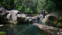 Pengunjung melintas batang kayu di Lubuk Nyarai, hutan Gamaran, Lubuk Alung, Kabupaten Padang Pariaman, Sumatera Barat, Rabu (28/12/2022).
