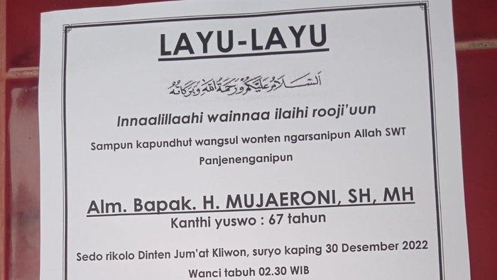 Anggota DPRD Jateng asal Klaten, Mujaeroni, meninggal dunia, Jumat (30/12/2022).
