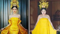 Gaun kuning yang cantik milik aktris Thailand dikreasikan oleh Sine menjadi nyeleneh. Mahkotanya dibuat dari ayam ungkep dan telur rebus. Foto: Bored Panda