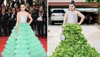 Ingin tampil cantik seperti aktris Fan Bingbing asal China, Sine tampil beda. Gaun bagian bawahnya dibuat dari susunan selada yang direkatkan satu sama lain. Foto: Bored Panda