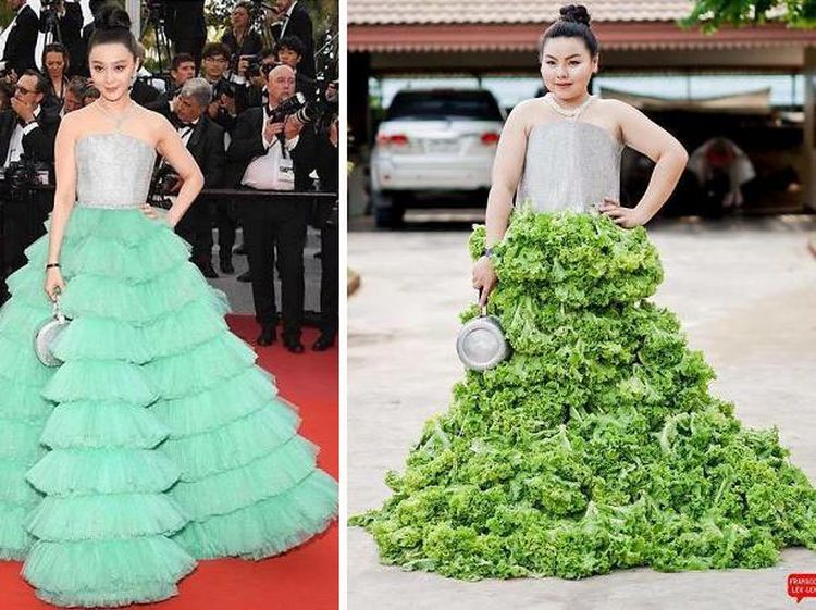 Kocak! Tiru Selebriti, Wanita Ini Manfaatkan Makanan Jadi Pakaiannya