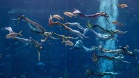 Para kontestan yang mengenakan kostum putri duyung tampil di resor Atlantis, Sanya, Provinsi Hainan, China, Kamis (29/12/2022).  