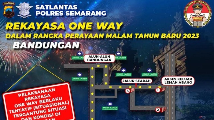 Rekayasa arus lalu lintas di Kabupaten Semarang pada malam tahun baru 2023.