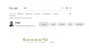 Jika kamu mengetik Pele di Google, bagian bawah akan tampil Goooal dengan warna hijau kuning mewakili bendera Brasil dan animasi bola. Foto: screenshot/detikINET