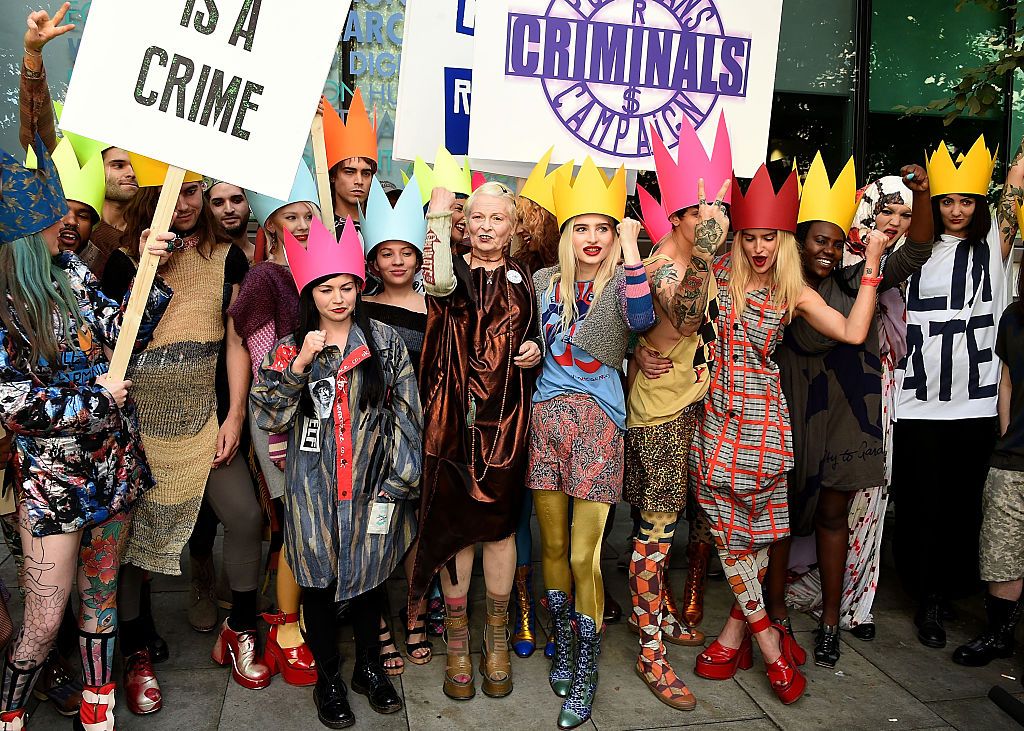 LONDON, ENGLAND - SEPTEMBER 20:  Vivienne Westwood (C) and her 'Fash Mob' prior to the Vivienne Westwood Red Label show during London Fashion Week SS16 at Ambika P3 on September 20, 2015 in London, England.  (Photo by David M. Benett/Dave Benett/Getty Images)