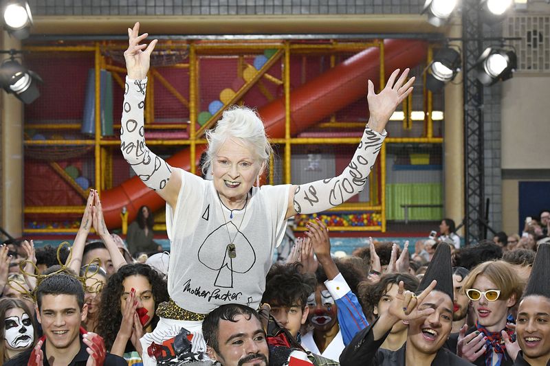 Vivienne Westwood LONDON, ENGLAND - JUNE 12: Vivienne Westwood walks the runway at the Vivenne Westwood fashion show during the London Fashion Week Men's June 2017 Spring Summer 2018 collections on June 12, 2017 in London, England. (Photo by Victor VIRGILE/Gamma-Rapho via Getty Images)