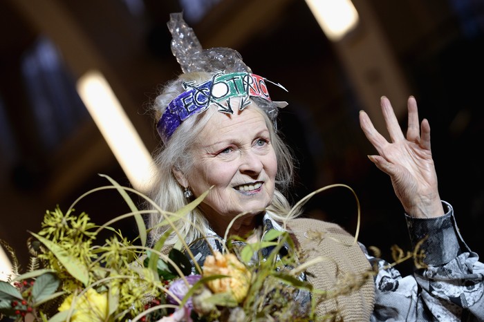 LONDON, ENGLAND - JANUARY 09:  Vivienne Westwood is seen on the runway for the finale of the Vivienne Westwood show during London Fashion Week Mens January 2017 collections at Seymour Leisure Centre on January 9, 2017 in London, England.  (Photo by Jeff Spicer/Getty Images)
