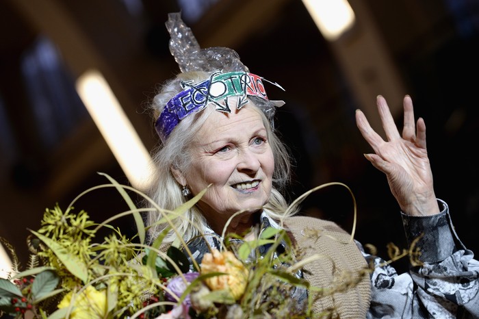 Vivienne Westwood LONDON, ENGLAND - JANUARY 09: Vivienne Westwood is seen on the runway for the finale of the Vivienne Westwood show during London Fashion Week Mens January 2017 collections at Seymour Leisure Centre on January 9, 2017 in London, England. (Photo by Jeff Spicer/Getty Images)