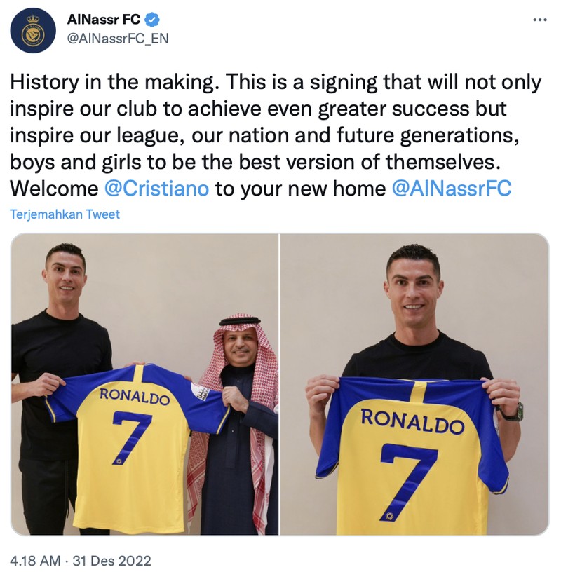 Cristiano Ronaldo gabung ke klub sepak bola Arab Saudi, Al Nassr.