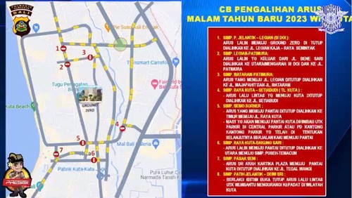 Penutupan dan rekayasa lalu lintas (lalin) akan dilakukan untuk mengatisipasi padatnya kendaraan menjelang malam pergantian tahun di kawasan GWK dan Kuta, Bali, Sabtu (31/12/2022).