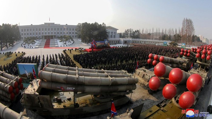 The new super-large multiple rocker launchers are presented before a plenary meeting of the ruling Workers' Party of Korea during a ceremony at an undisclosed location, in this photo released on January 1, 2023 by North Korea's Korean Central News Agency (KCNA). KCNA via REUTERS    ATTENTION EDITORS - THIS IMAGE WAS PROVIDED BY A THIRD PARTY. REUTERS IS UNABLE TO INDEPENDENTLY VERIFY THIS IMAGE. NO THIRD PARTY SALES. SOUTH KOREA OUT. NO COMMERCIAL OR EDITORIAL SALES IN SOUTH KOREA.?