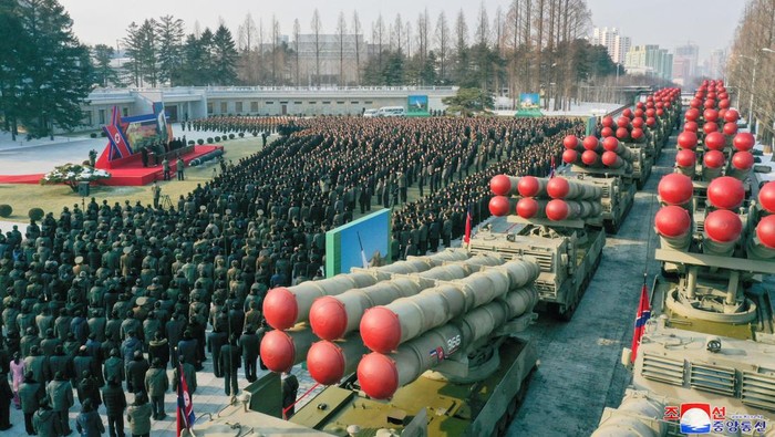 The new super-large multiple rocker launchers are presented before a plenary meeting of the ruling Workers' Party of Korea during a ceremony at an undisclosed location, in this photo released on January 1, 2023 by North Korea's Korean Central News Agency (KCNA). KCNA via REUTERS    ATTENTION EDITORS - THIS IMAGE WAS PROVIDED BY A THIRD PARTY. REUTERS IS UNABLE TO INDEPENDENTLY VERIFY THIS IMAGE. NO THIRD PARTY SALES. SOUTH KOREA OUT. NO COMMERCIAL OR EDITORIAL SALES IN SOUTH KOREA.?