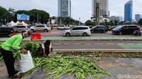 Petugas memperbaiki tanaman yang rusak di kawasan Bundaran HI, Jl MH Thamrin, Jakarta, Minggu (1/1/2023).