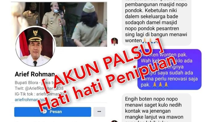 Akun palsu mengaku Bupati Blora Arief Rohman.