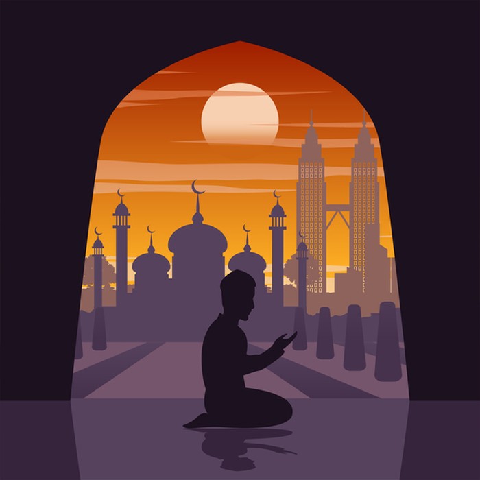 Silhouette of activities of people at famous landmark muslim man pray in mosque in Malaysia,vector illustration
