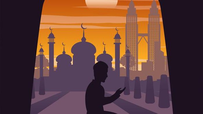 Silhouette of activities of people at famous landmark muslim man pray in mosque in Malaysia,vector illustration