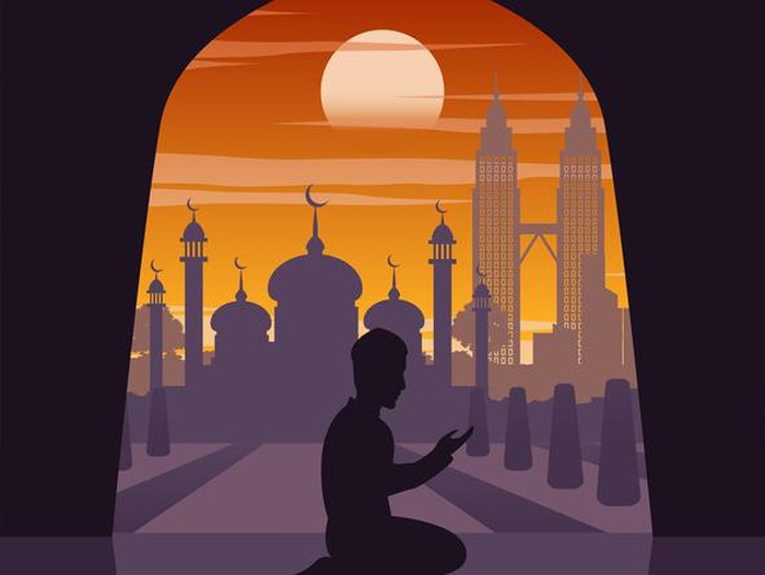 Silhouette of activities of people at famous landmark muslim man pray in mosque in Malaysia,vector illustration