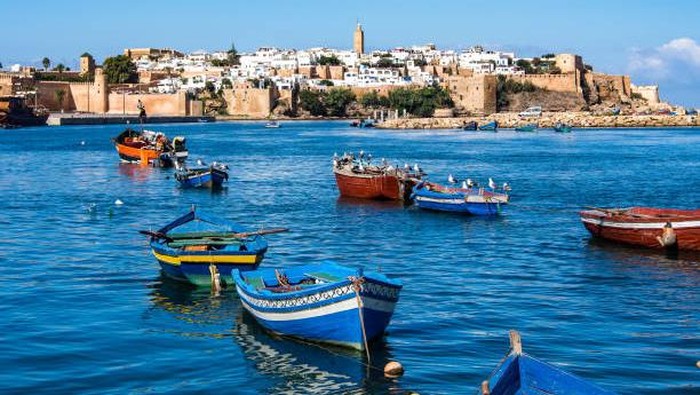 View of the harbour of Rabat, Morocco located in the river Bou Regreg at the mouth of the Atlantic Ocean.