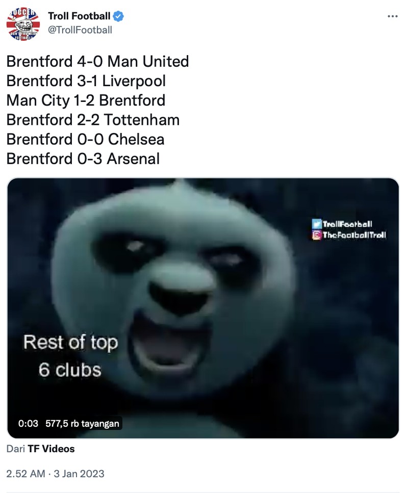 Meme Twitter keok dikandaskan Brentford.