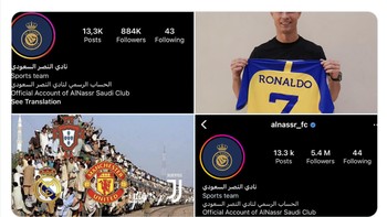 Berkat mendatangkan Ronaldo, Al Nassr ketiban berkah, yaitu follower Instagram mereka meningkat drastis. Foto: Twitter